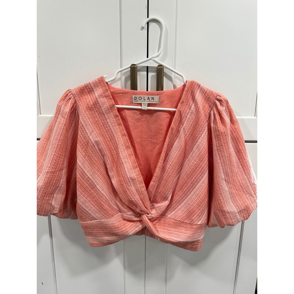 Dolan Left‎ Coast Collection Coral Striped Twist Front Puff Sleeve Crop Top L